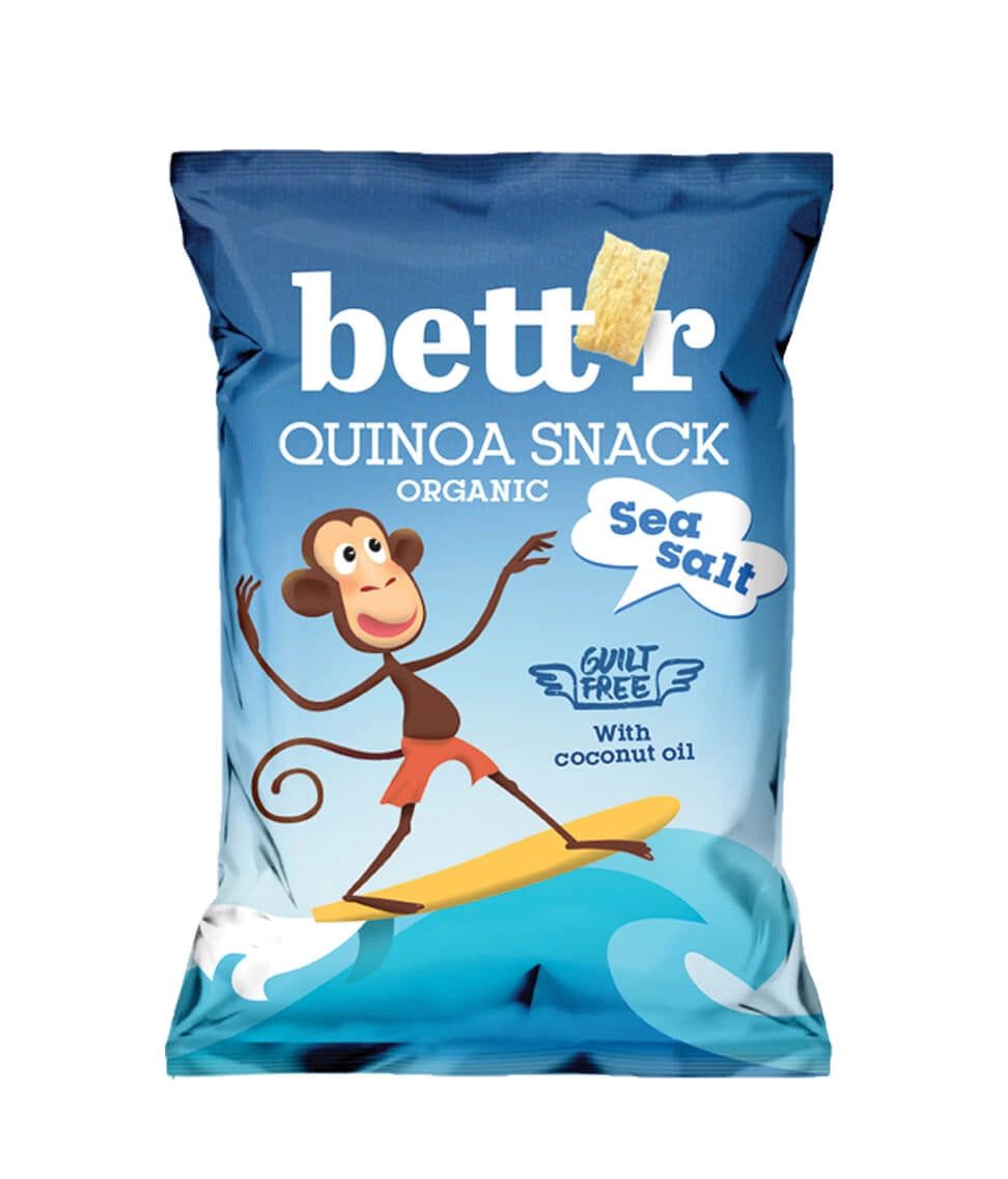 Quinoa snack cu sare bio Bettr 50g, albastru, cu maimuță desenată.