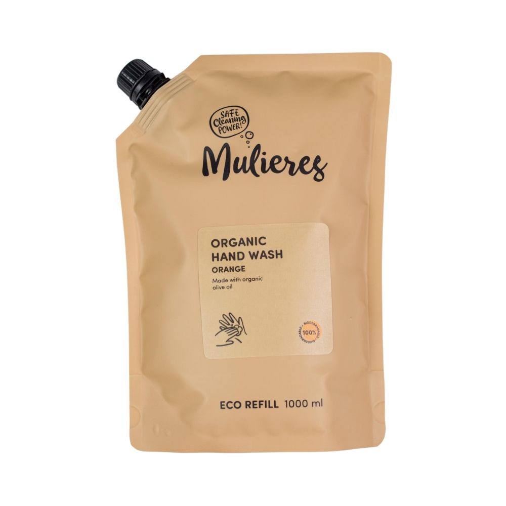 Refill săpun lichid Mulieres 100% natural Orange 1000 ml, ambalaj bej cu capac negru.