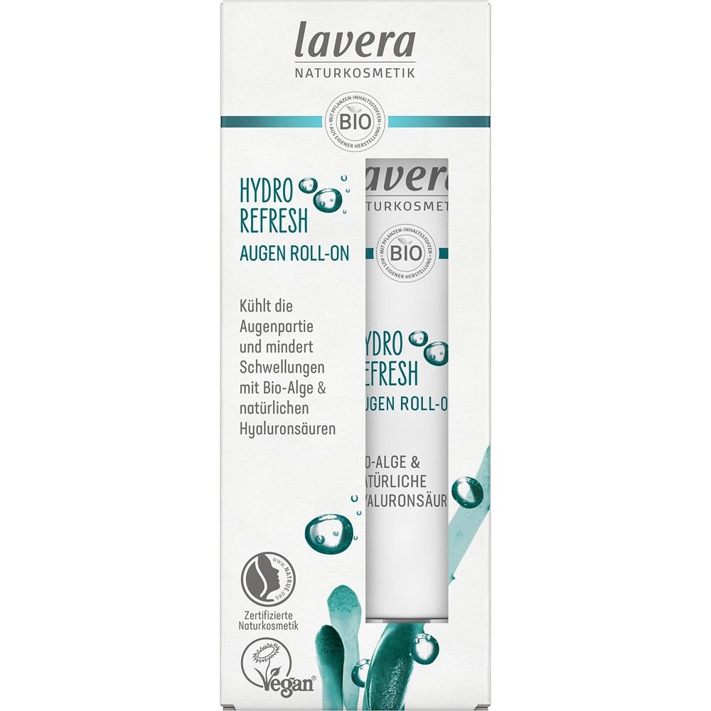 Roll-On Hydro Refresh pentru ochi Lavera, 15ml, cu alge bio, ambalaj alb cu accente albastre.