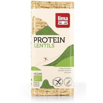 Rondele proteice din linte expandata Lima eco 100g, ambalaj verde și maro, fără gluten.