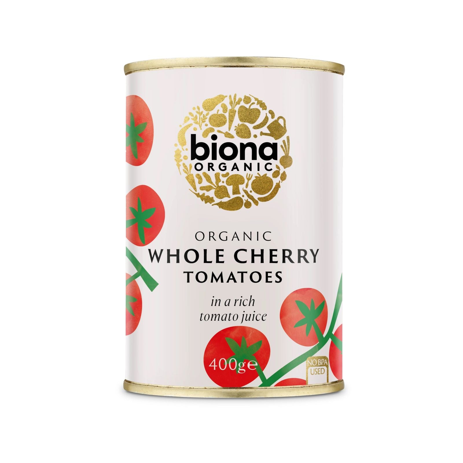 Conservă roșii cherry eco BIONA 400g, ambalat în suc de roșii, design etichetă cu roșii și simboluri aurii.