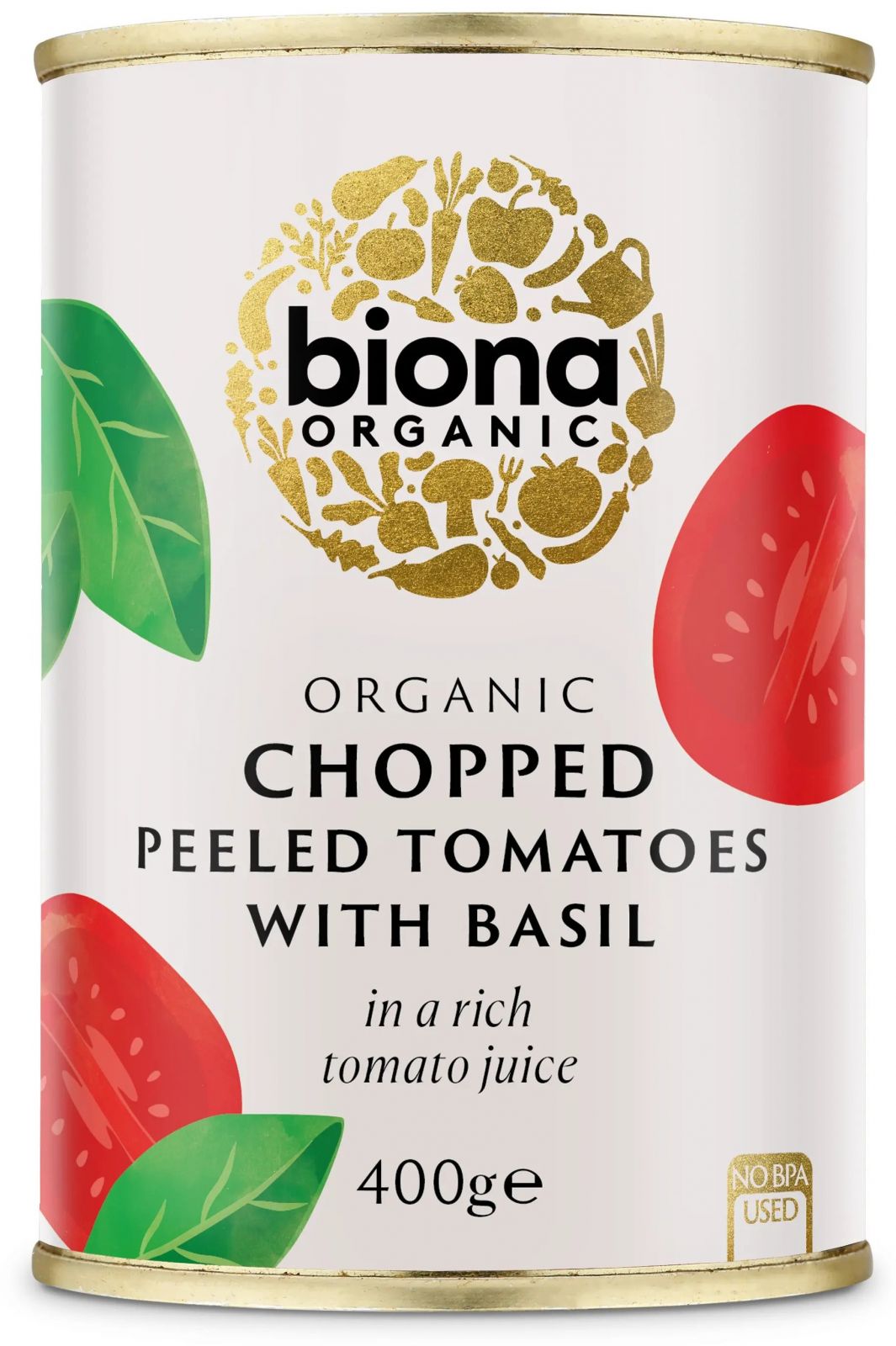 Roșii decojite mărunțite cu busuioc bio 400g Biona, cutie albă cu design colorat.