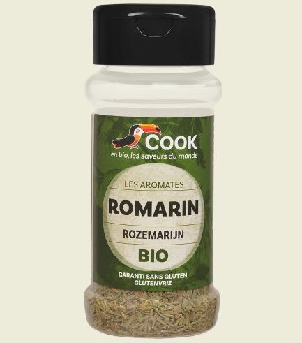 Recipient transarent Rozmarin bio 25g Cook cu capac negru, etichetă verde cu logo colorat.