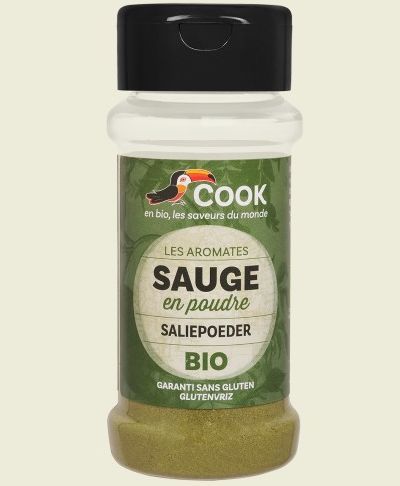 Salvie pudra bio 20g Cook, recipient transparent cu capac negru, etichetă verde.