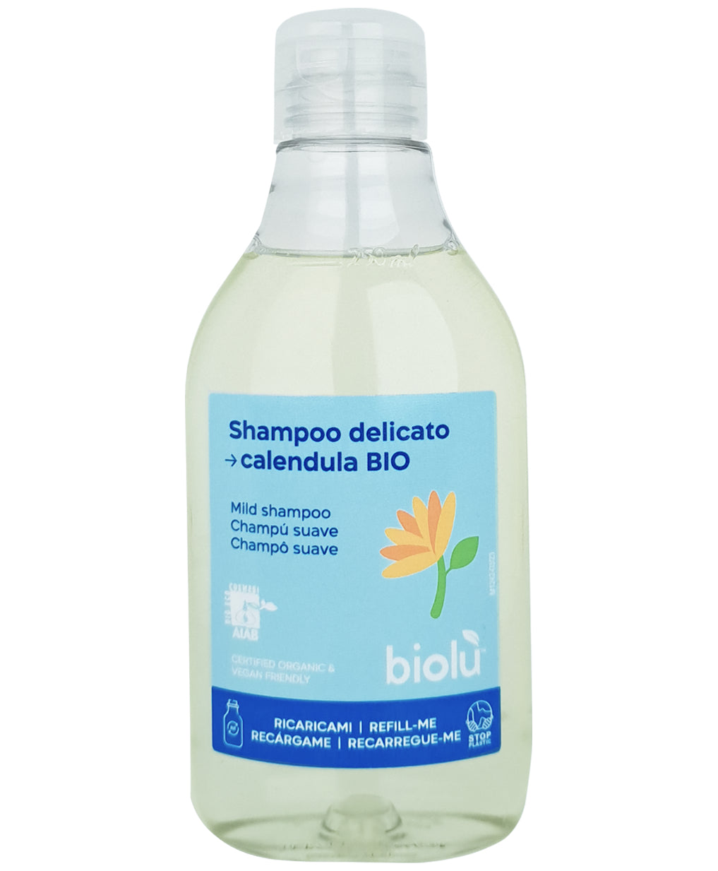Șampon ecologic galbenele Biolu, 250ml, etichetă albastră, sticlă transparentă eco.