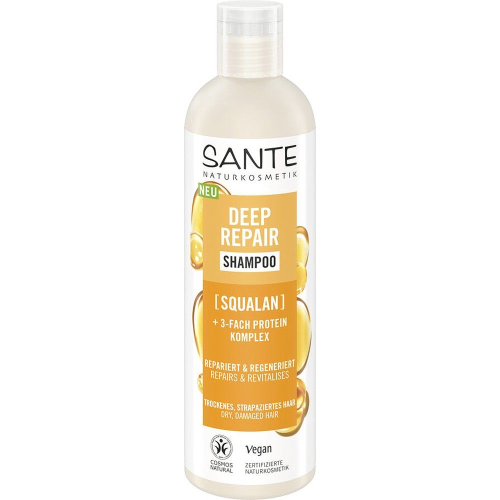 Șampon regenerant Sante 250ml, ambalaj alb cu etichetă portocalie și detalii despre ingrediente.