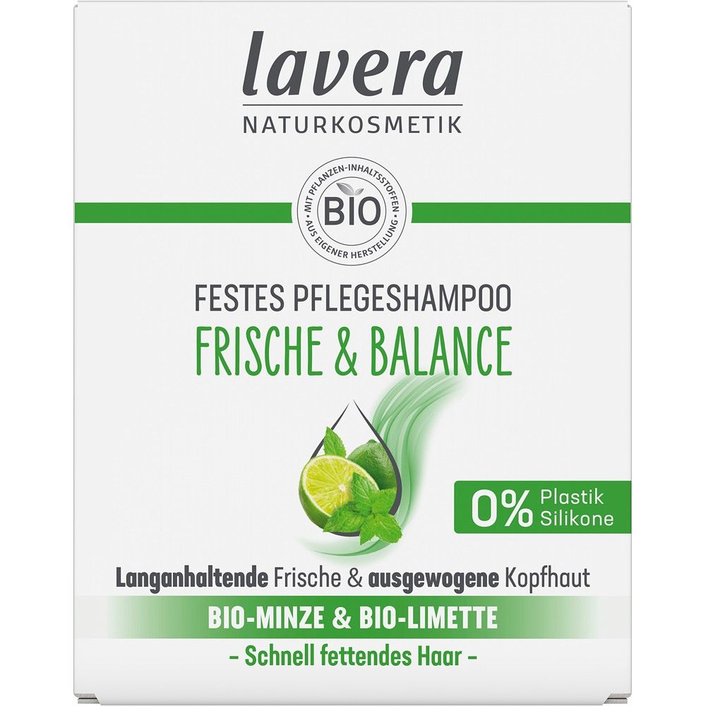 Șampon solid Lavera, echilibru păr gras, 50g, argilă verde, mentă bio, ambalaj alb-verde, 0% plastic.
