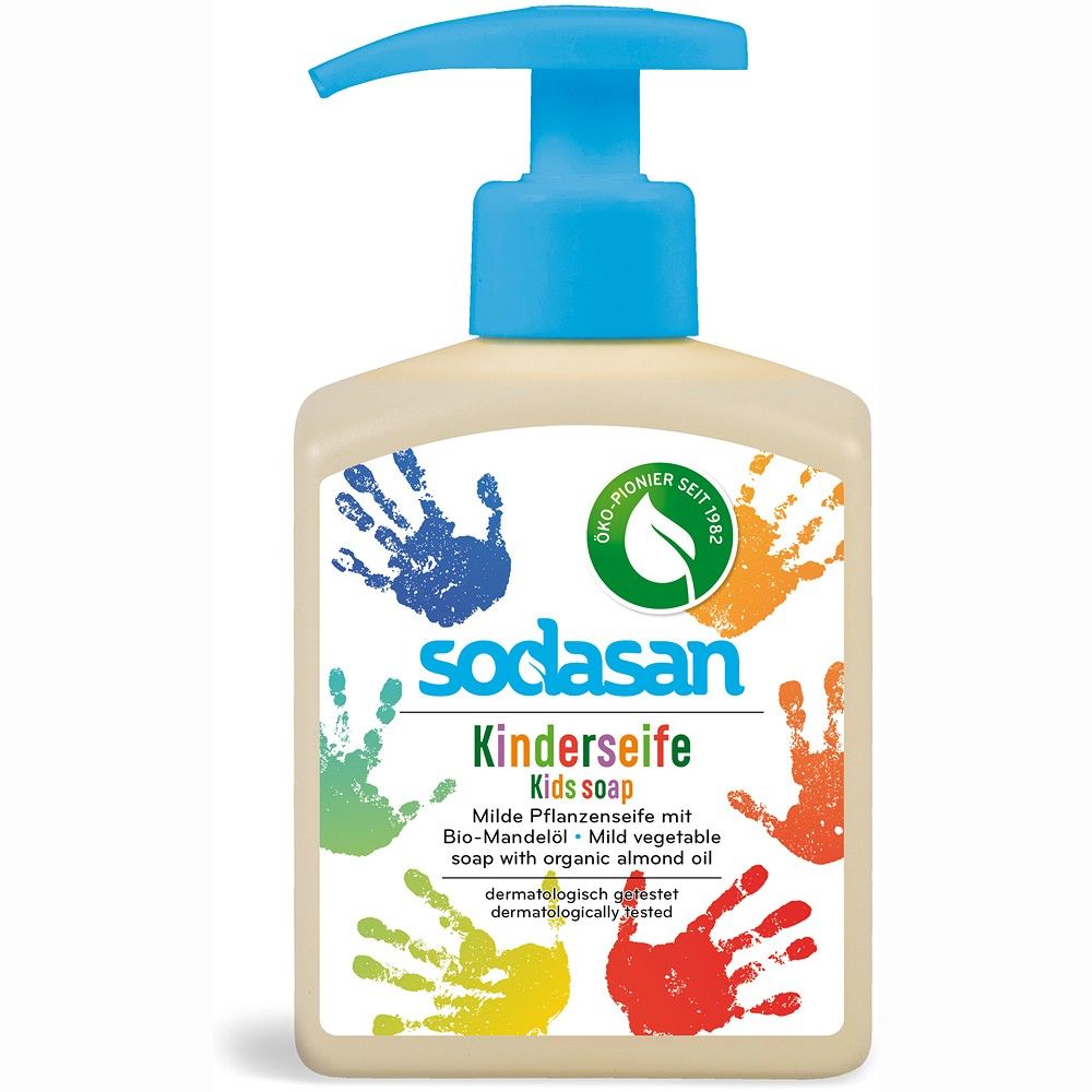 Săpun pentru copii Sodasan 300ml, uleiuri vegetale, capac albastru, etichetă cu amprente colorate.