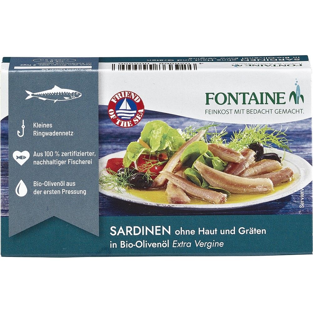 Sardine fără piele și oase în ulei de măsline bio Fontaine, cutie albastru-verde 120g.
