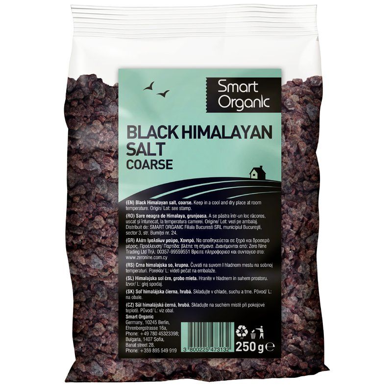 Sare neagră de Himalaya grunjoasă 250g, ambalaj Smart Organic, cristale negre vulcanice.