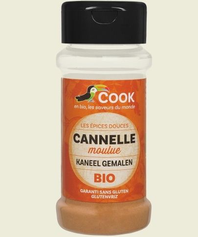 Scorțișoară pudră bio 35g Cook în recipient reutilizabil cu capac negru.