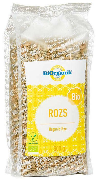 Semințe de secară bio Biorganik 500g, ambalaj transparent cu etichetă galbenă.
