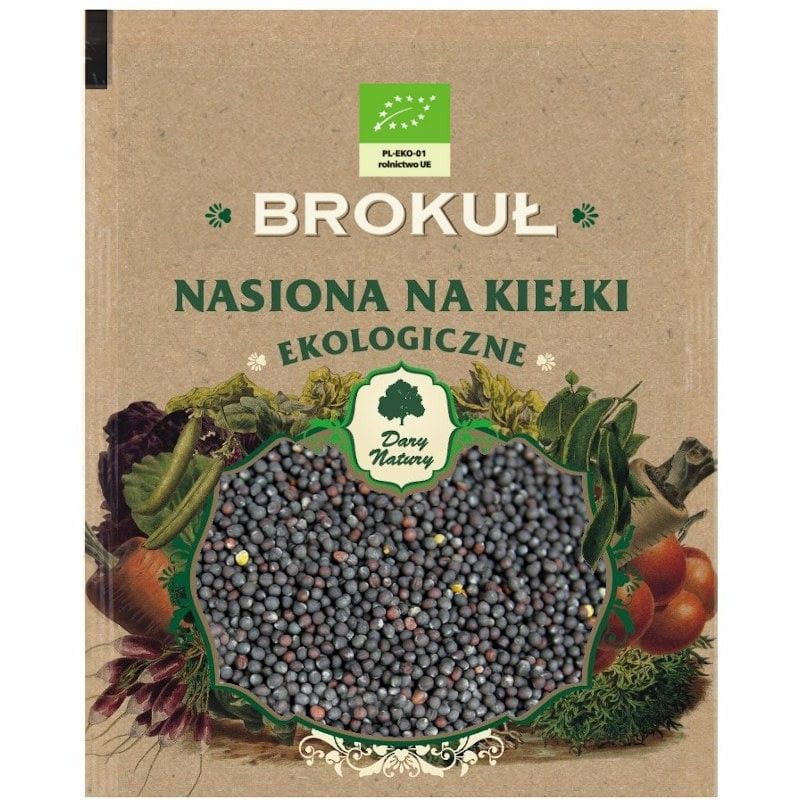 Semințe de broccoli pentru germinare bio 30g Dary Natury pe fundal maro bej.