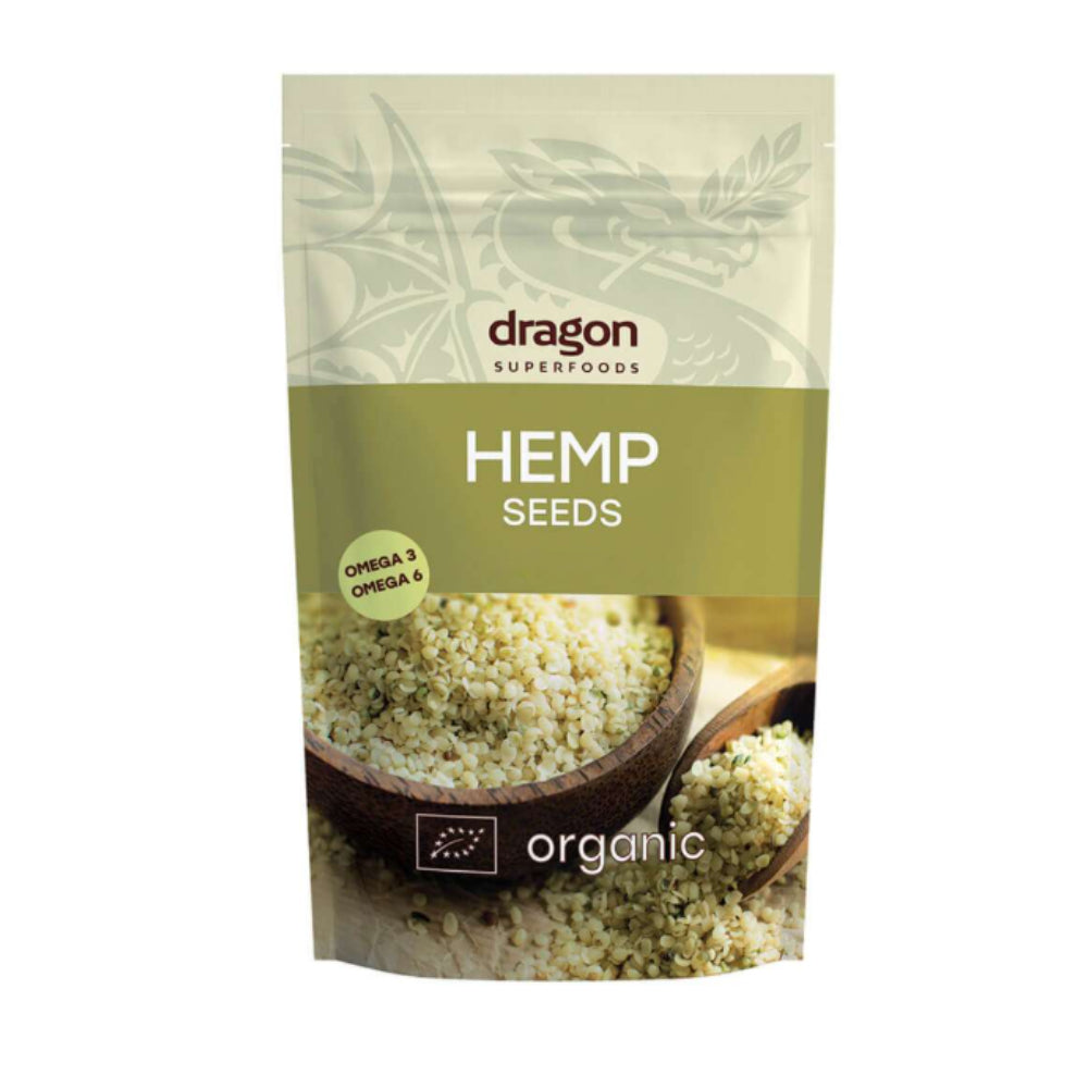 Semințe de cânepă decorticate bio, 200g, ambalaj verde Dragon Superfoods.