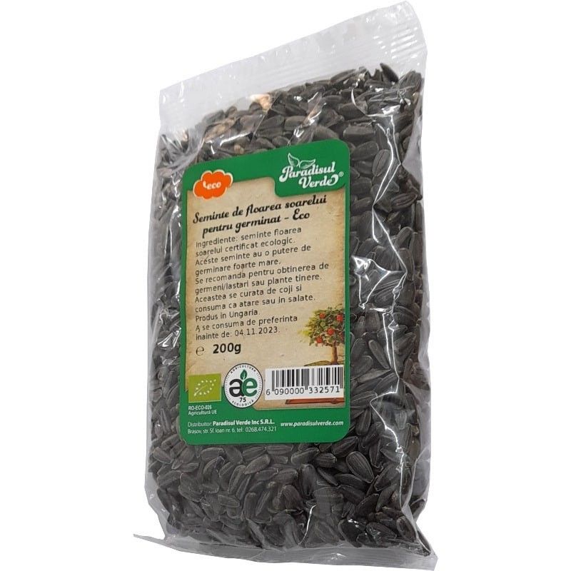 Semințe floarea-soarelui bio pentru germinat, 200g, Ambalaj transparent, Paradisul Verde.