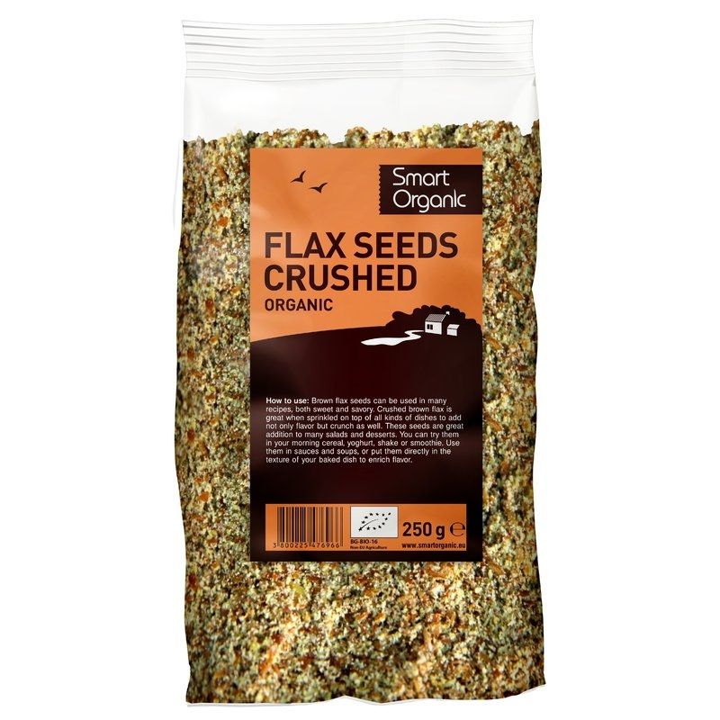 Pungă seminte de in pisate bio 250g Smart Organic, ambalaj maro.