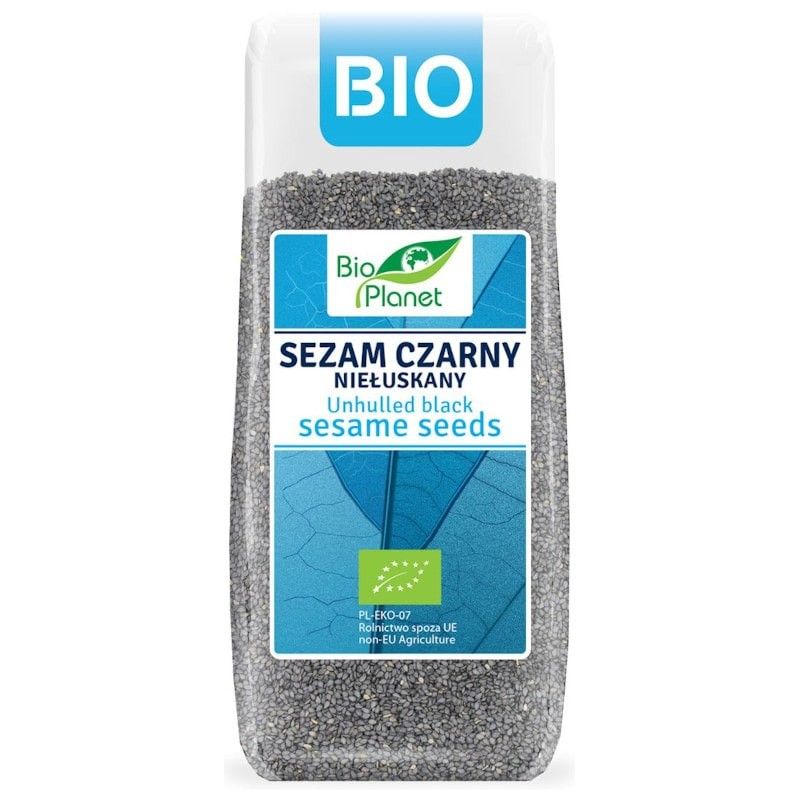 Semințe de susan negru, 200g, Bio Planet, ambalaj alb-albastru, etichetă verde cu certificat organic.
