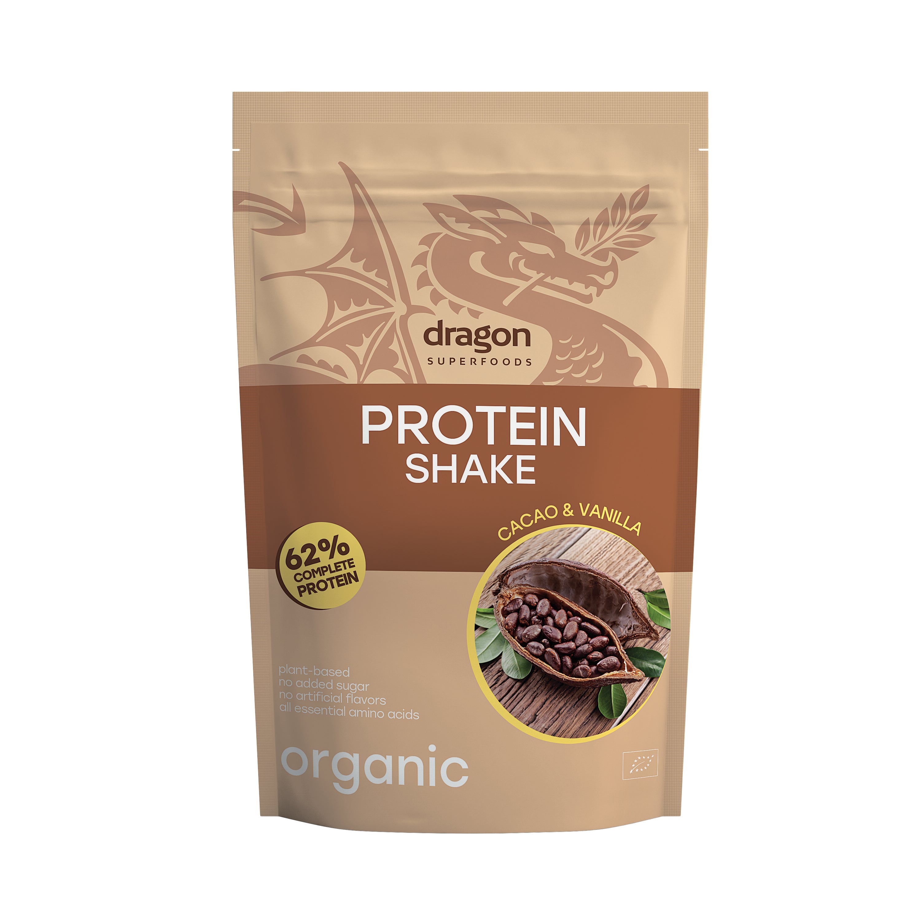 Shake proteic cacao și vanilie 62% proteine bio 500g Dragon Superfoods ambalaj maro.