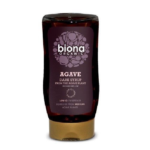 Sirop de agave dark bio Biona 350g, etichetă mov, capac auriu.