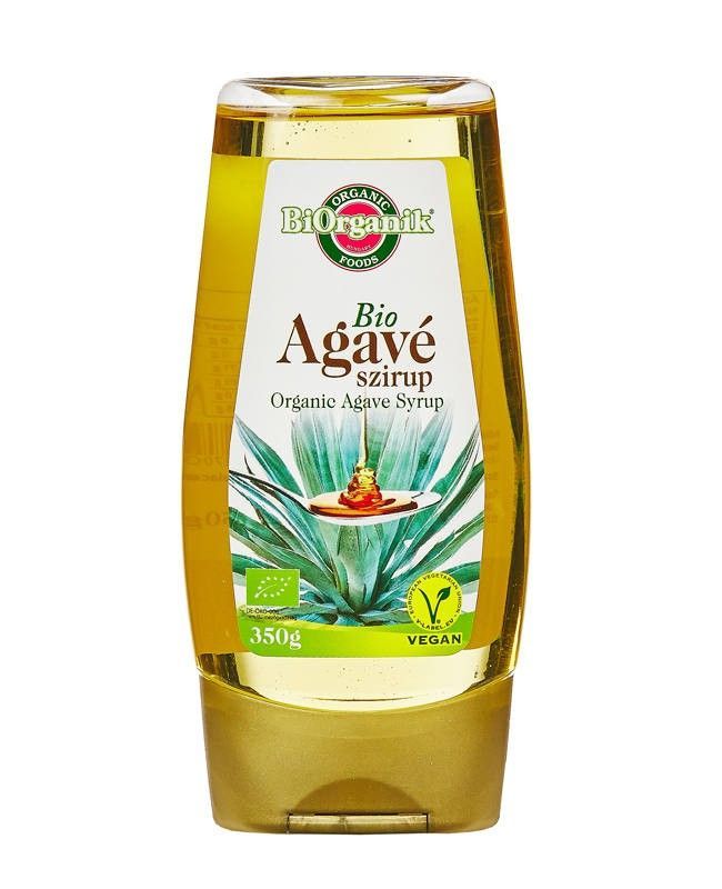 Sirop Agave Eco 350g Biorganik, ambalaj transparent, etichetă verde și albă, logo Biorganik.