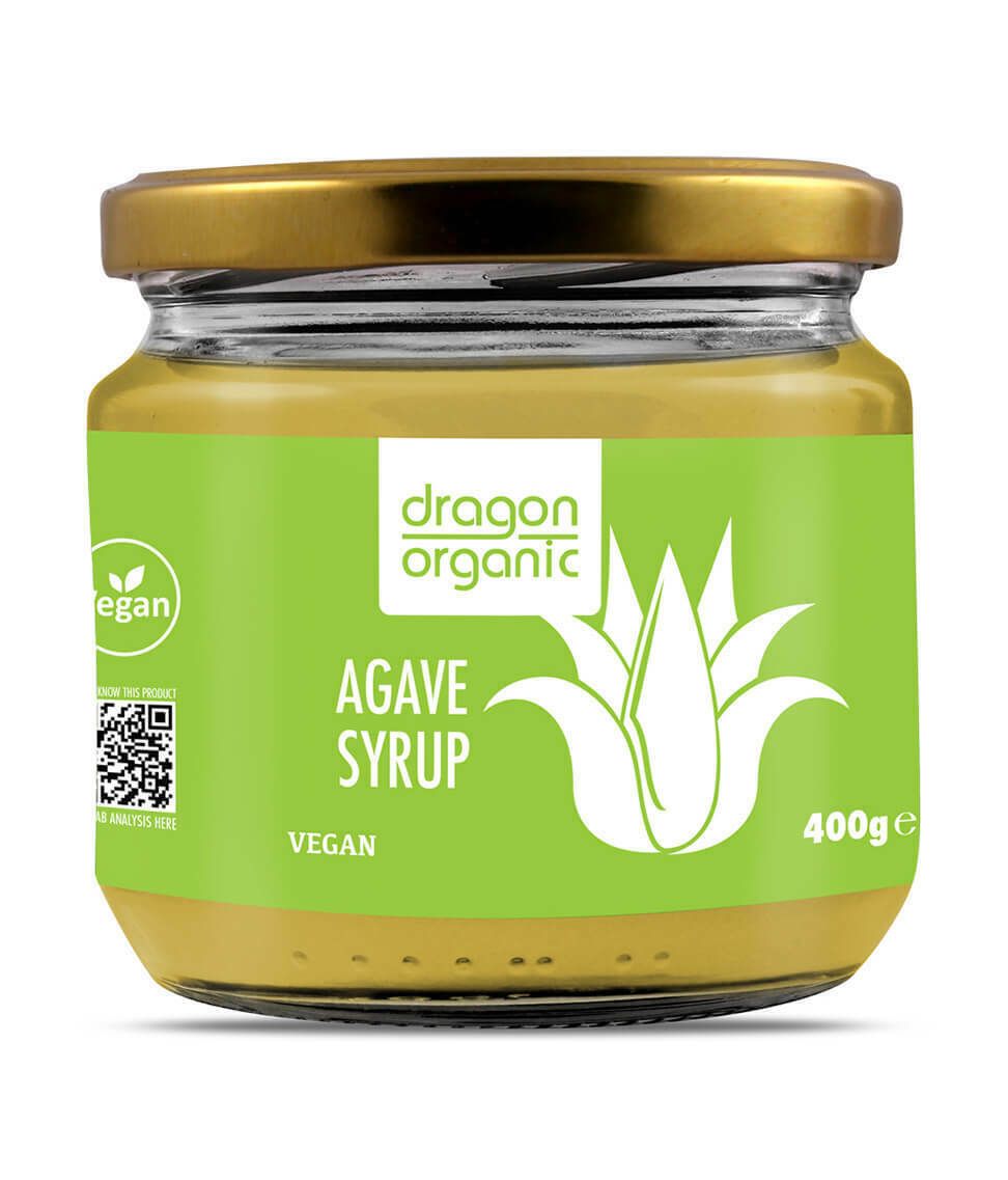 Sirop de agave eco 400g DS în borcan cu capac auriu și etichetă verde vegan.