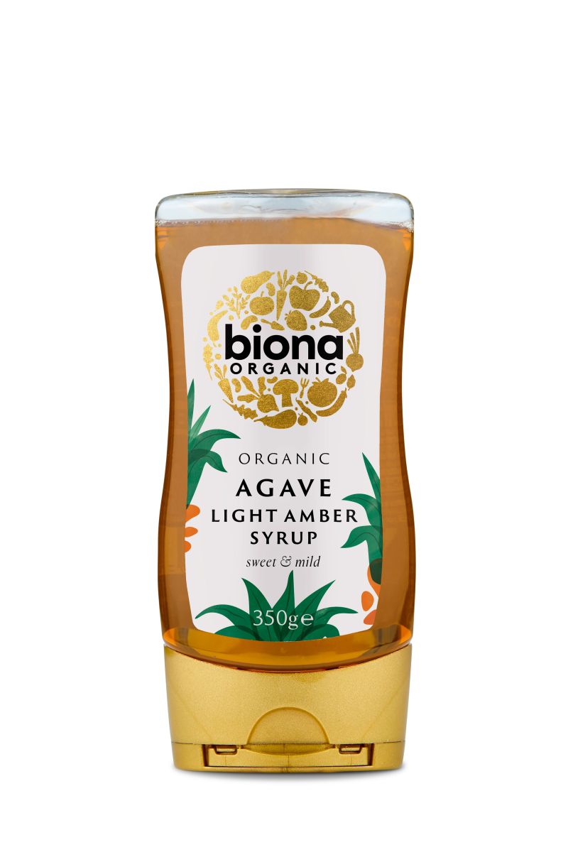 Sirop de agave light bio Biona, 350gr, ambalaj transparent, capac auriu.