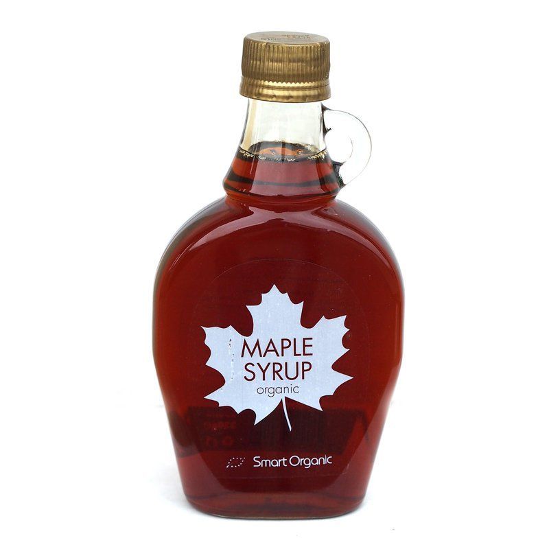 Sirop de arțar tip A eco 250ml Smart Organic, sticlă brună cu capac auriu.