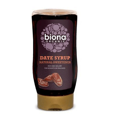 Sirop de curmale eco BIONA 350g, ambalaj negru cu etichetă mov și capac auriu.