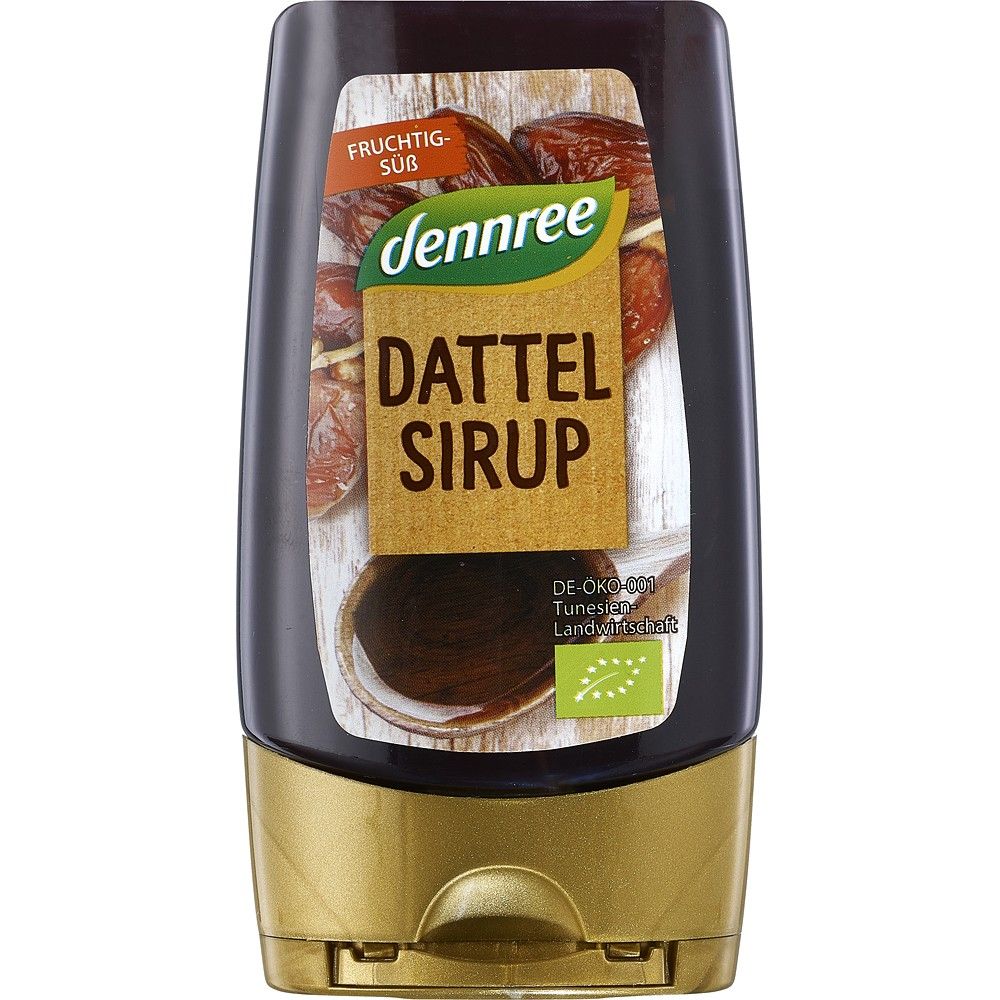 Sirop de curmale bio Dennree 180ml, sticlă maro cu capac auriu, etichetă fructe.