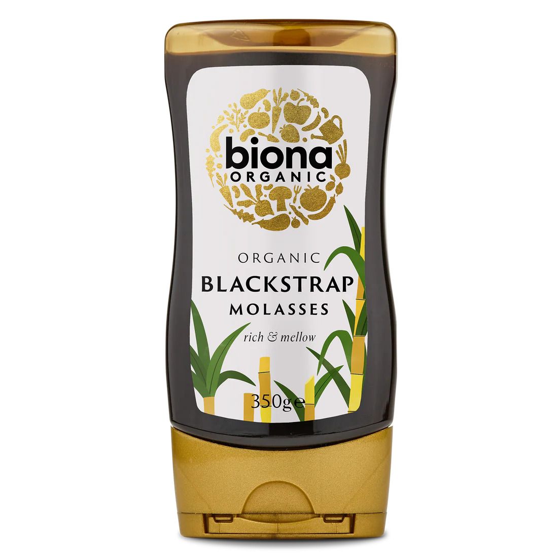Sirop de Melasa bio Biona 350g, recipient negru cu capac auriu, grafică frunze de trestie.