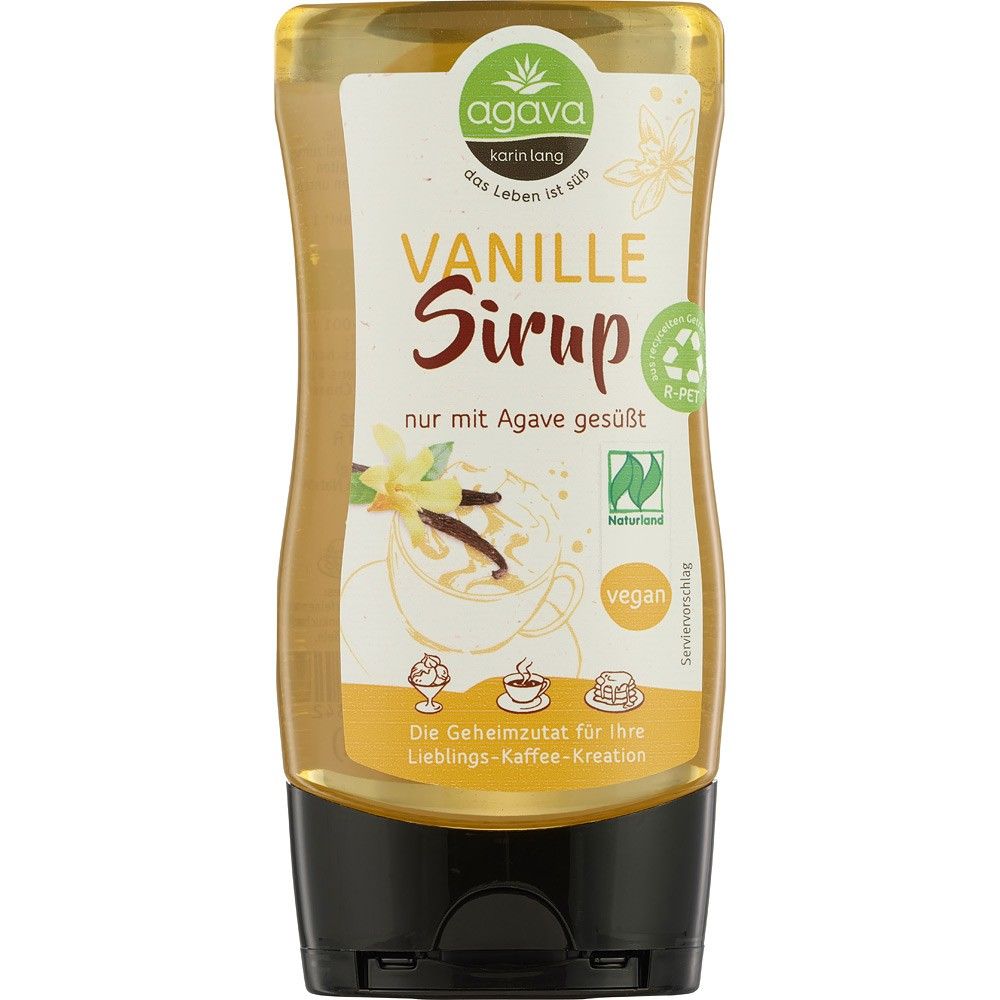 Sirop de vanilie bio cu nectar de agave în sticlă transparentă 350g, etichetă vegană Agava Karin Lang.