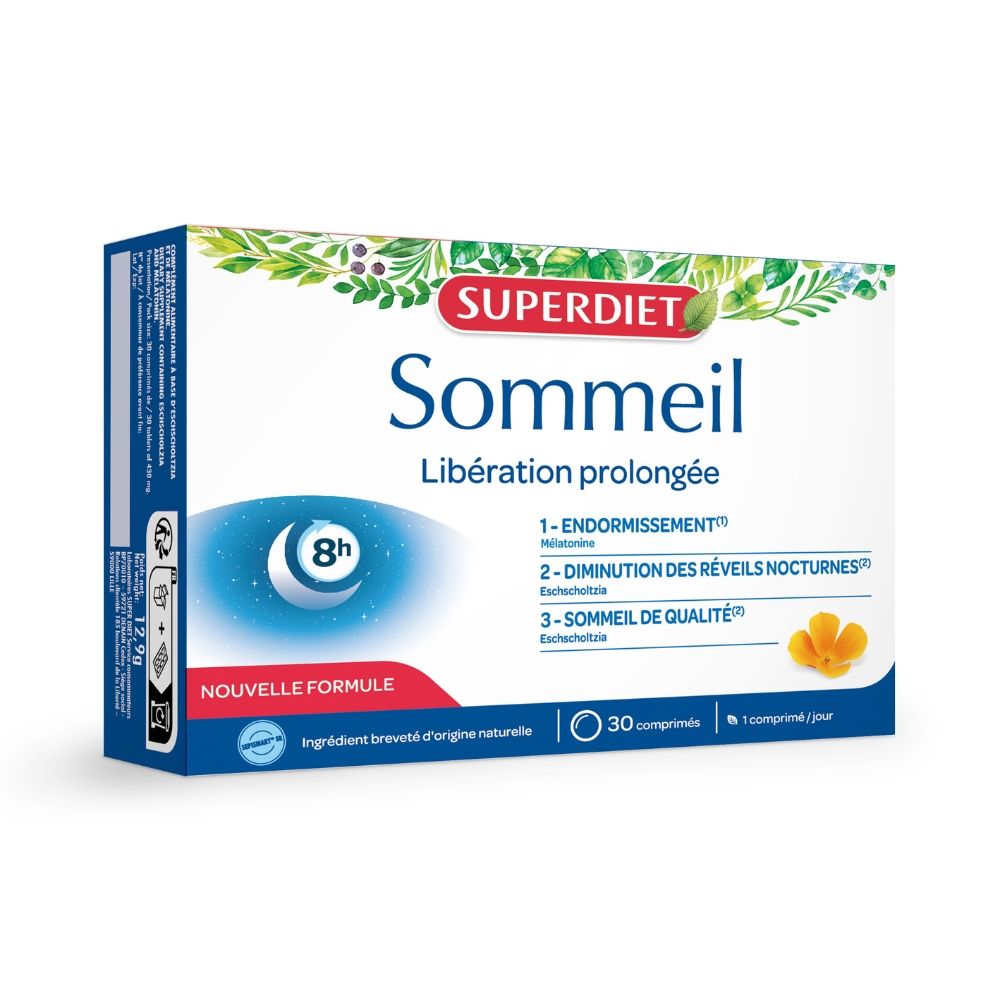 Cutie albastră și albă SUPERDIET Somn Linistit, 30 comprimate, melatonină 1,8 mg, eliberare susținută.