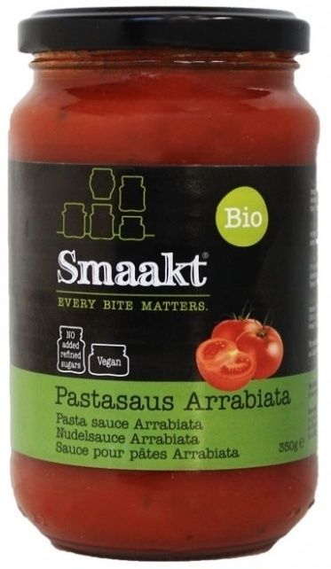 Sos Arrabiata bio Smaakt 350g, etichetă neagră și verde, logo Bio, ingrediente naturale.