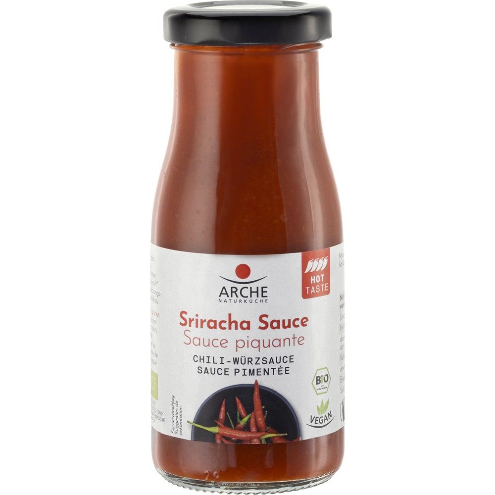 Sos chili Sriracha Arche bio, sticlă 130ml, capac negru, etichetă albă cu roșu.