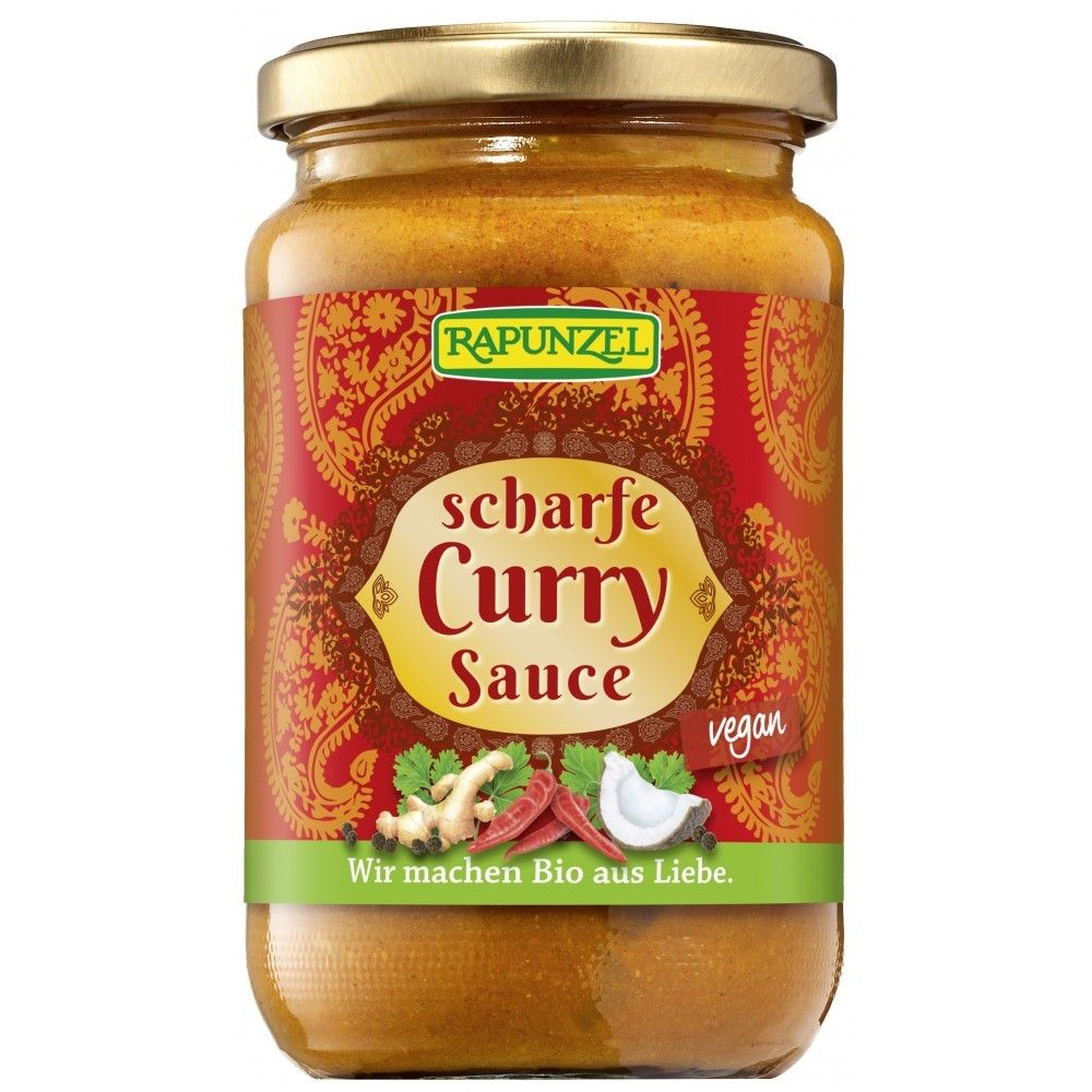 Sos Curry iute vegan 340g Rapunzel în borcan, etichetă roșie cu motive asiatice și ingrediente ilustrate.