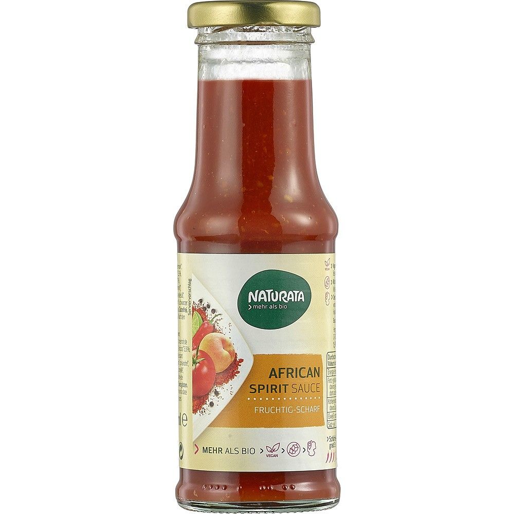 Sos iute african 210ml Naturata, sticlă transparentă, capac auriu, etichetă albă-verde.