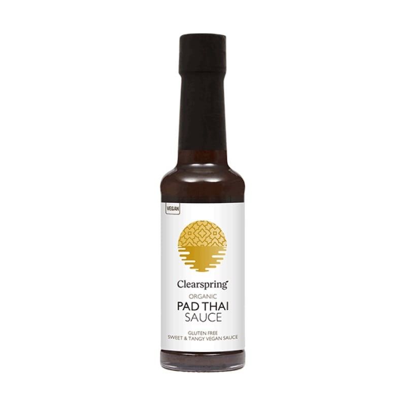 Sos Pad Thai Vegan Eco Clearspring 150ml, organic, fără zahăr rafinat, etichetă albă cu detalii aurii.