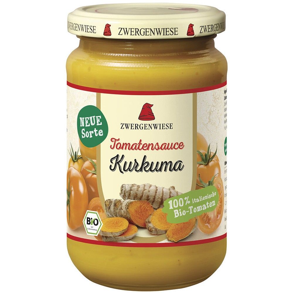 Sos de tomate cu curcuma 340ml Zwergenwiese, etichetă cu roșii și curcuma