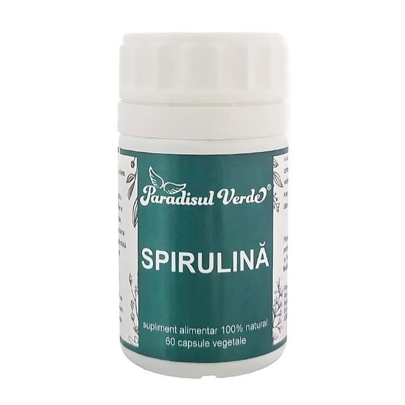Supliment Spirulina Paradisul Verde 60 capsule vegetale, ambalaj verde-alb, 420mg.