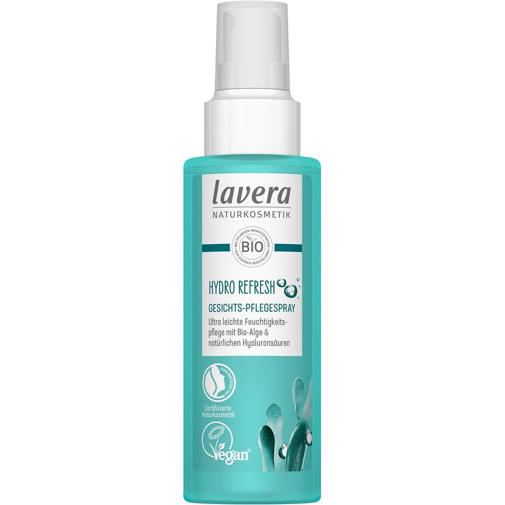 Spray față Lavera Hydro Refresh, alge bio, hialuronici, 100ml, sticlă turcoaz.