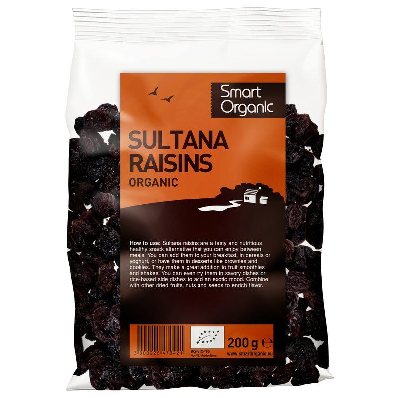 Stafide eco 200g Smart Organic, ambalaj transparent, etichetă portocalie.