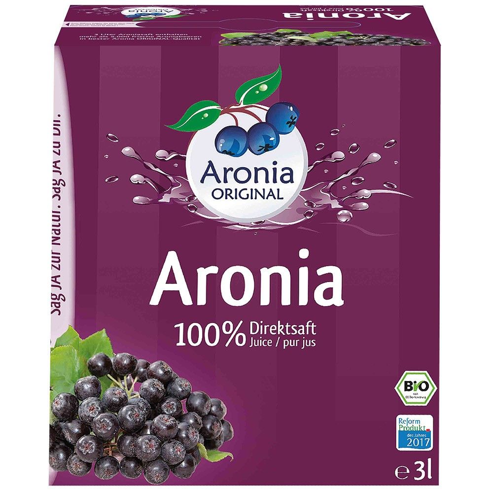 Suc de aronia bio 3L în ambalaj violet, fructe desenate, etichetă Aronia Original.