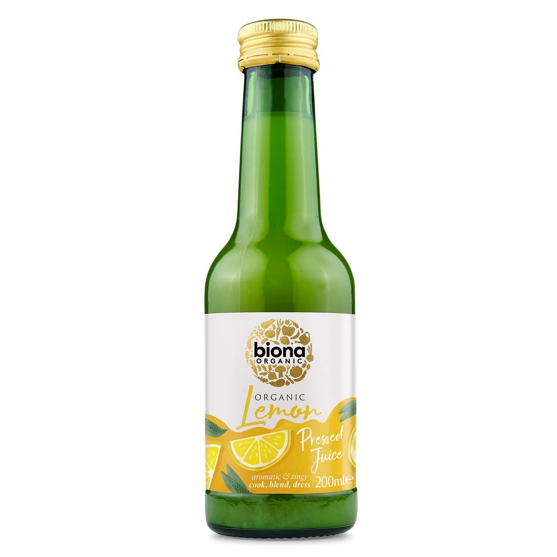 Suc de lămâie bio Biona 200ml, sticlă verde cu etichetă albă și galbenă, capac auriu.