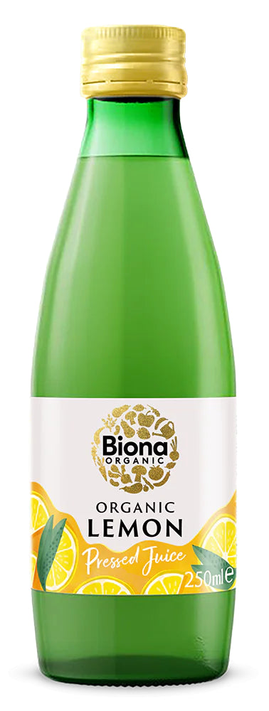 Suc de lămâie bio Biona 250ml, sticlă verde cu dop auriu, etichetă cu lămâi.