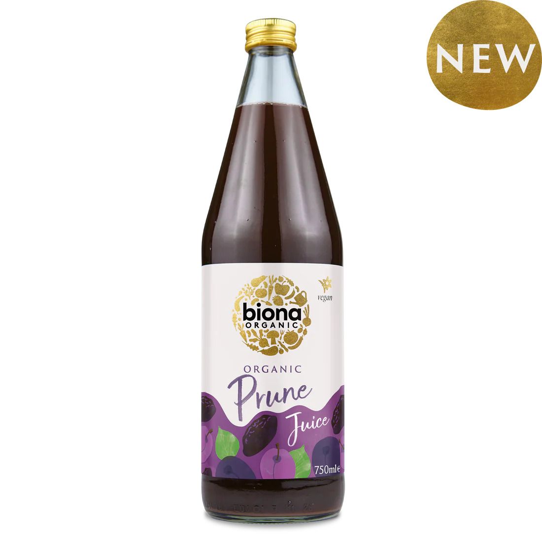Suc de prune bio Biona 750ml, ambalaj sticlă cu etichetă albă și violet, capac auriu.