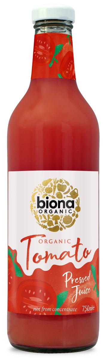 Suc de roșii bio Biona 750ml, sticlă roșie cu etichetă alb-roșu, presat organic.