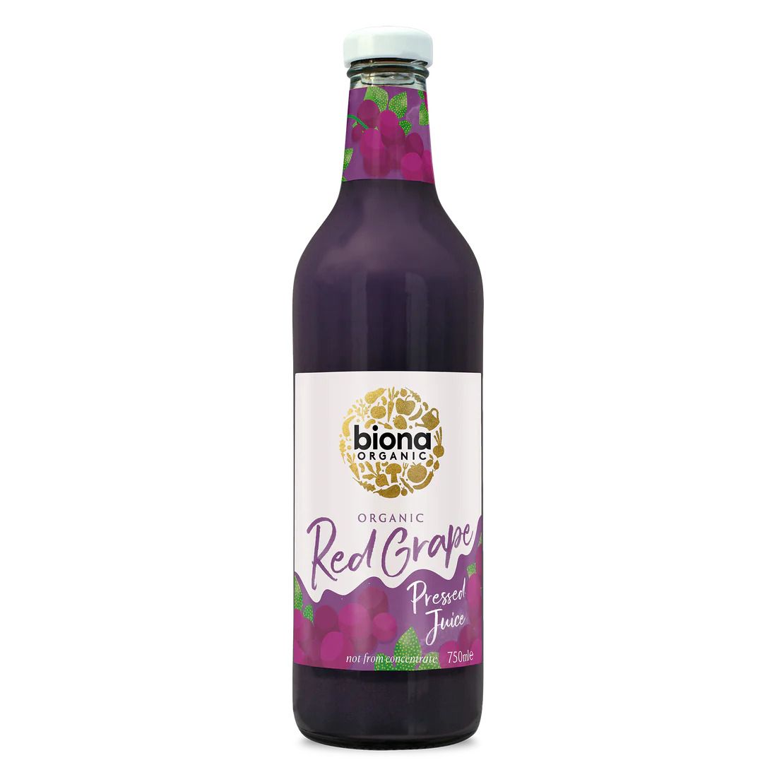 Suc de struguri roșii bio Biona 750ml, sticlă cu etichetă albă și decor roz.