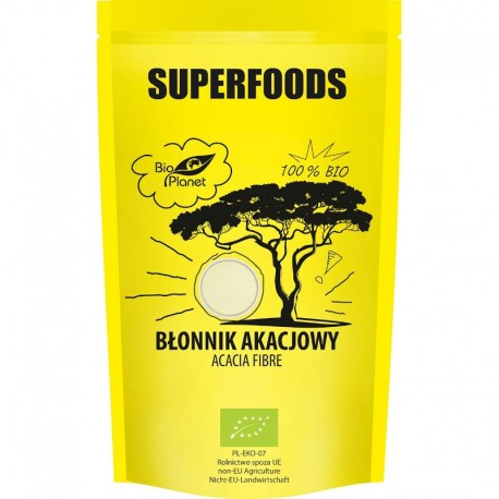 Superfoods Fibre Acacia Bio 150g Bio Planet, ambalaj galben, grafică copac salcâm.