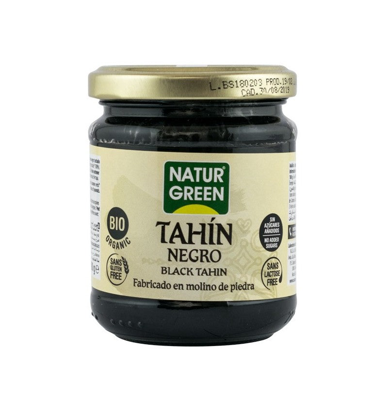 Tahin negru bio Natur Green, 180g, borcan sticlă, etichetă crem.