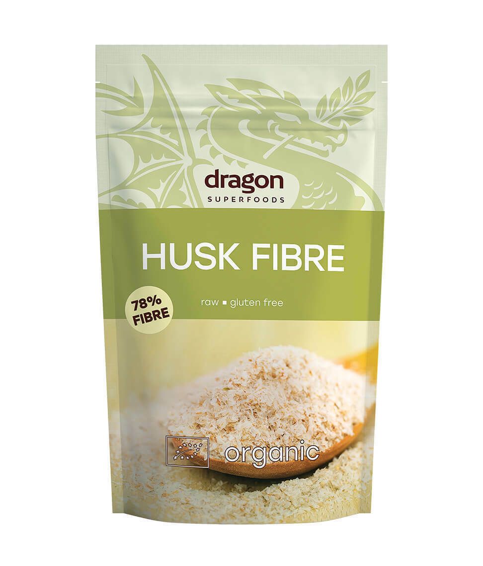 Tărâțe de psyllium eco 150g, ambalaj verde cu design dragon, fibre 78%, bio, fără gluten.